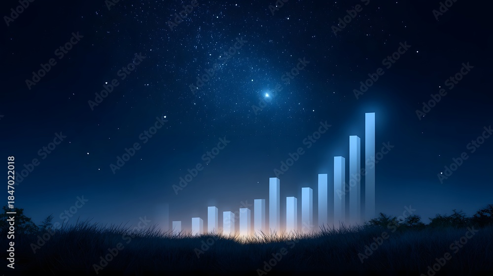 Fototapeta premium A bar graph representing financial growth rises from a grassy field under a starry night sky