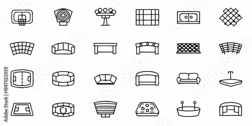 Soccer Stadium Icons: Football Field Layout and Architectural Elements