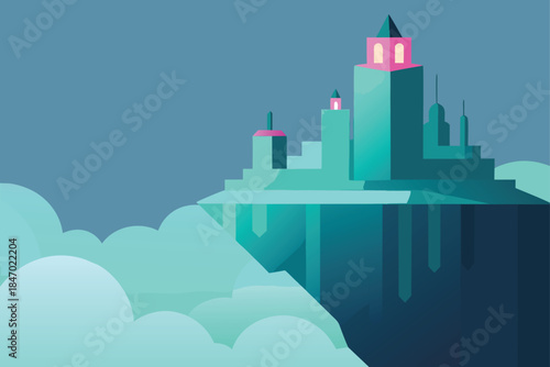 AI Style Glowing City On Cliff Edge Above Clouds
