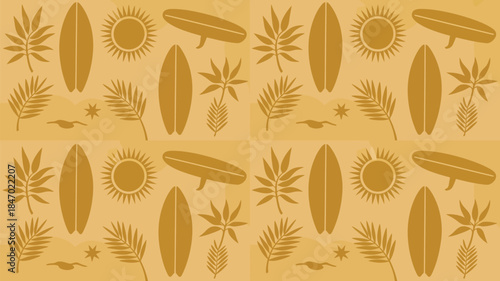 Vibrant tropical pattern with surfboards and palm trees