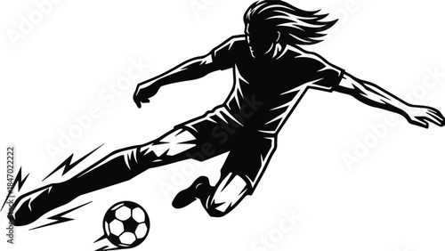Dynamic silhouette of a soccer player kicking a ball with speed