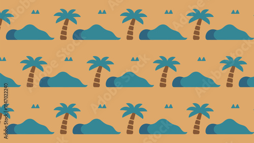 Vibrant tropical island pattern with palm trees and clouds