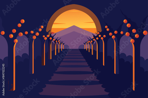Aisle Adorned With Glowing Arches In A Vineyard At Night