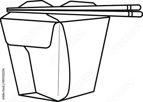 A simple line art illustration of a chinese takeout box with chopsticks resting on top