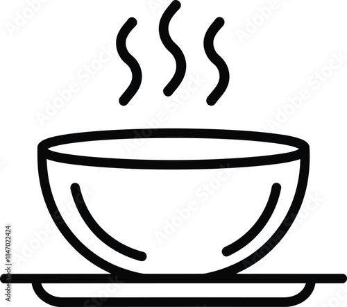 Simple line art icon illustrating a hot bowl of soup with rising steam on a plate
