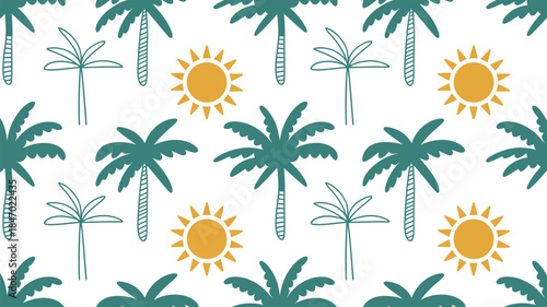 Vibrant tropical pattern with palm trees and sunny skies