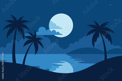 Calm Tropical Bay Under Full Moon With Palm Silhouettes