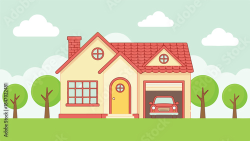 Cartoon illustration of a suburban house with a red car in garage