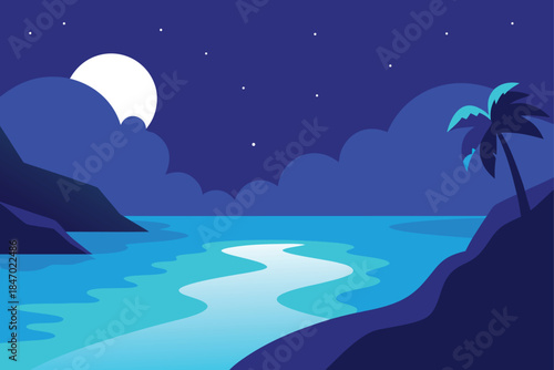 Calm Tropical Cove With Moonlit Waves And Glowing Shore