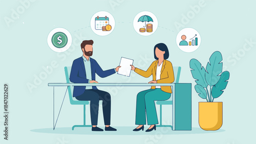 Two business professionals discussing financial planning and agreement