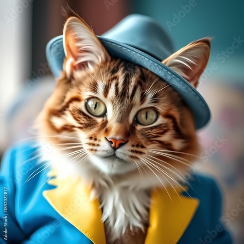 Domestic cat in a blue suit and a hat