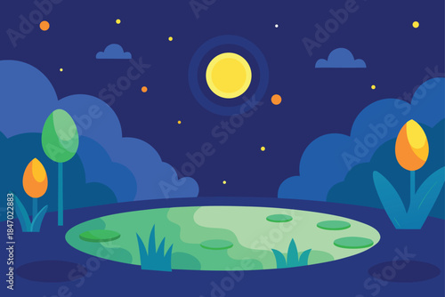 Dreamy Vector Garden With Pond Full Moon And Glowing Flowers