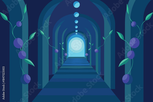 Ethereal Corridor Of Light With Floating Orbs And Arch