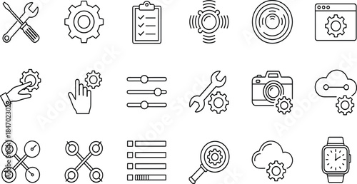 Settings, Configuration, Maintenance, and Technical Support Line Icons Set for Software, Engineering Tools, Automation, and Device Customization