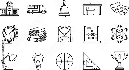 School, College Education, and Academic Study Line Icons Set for Learning Resources, University Subjects, and Classroom Equipment