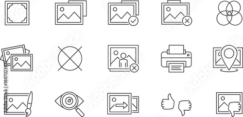 Minimalist Line Icons Set for Digital Photography Editing, Image Gallery Management, Graphic Design Tools, and Multimedia Interface Elements in Software