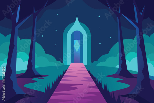 Fantasy Forest Path Leading To Glowing Portal Aurora