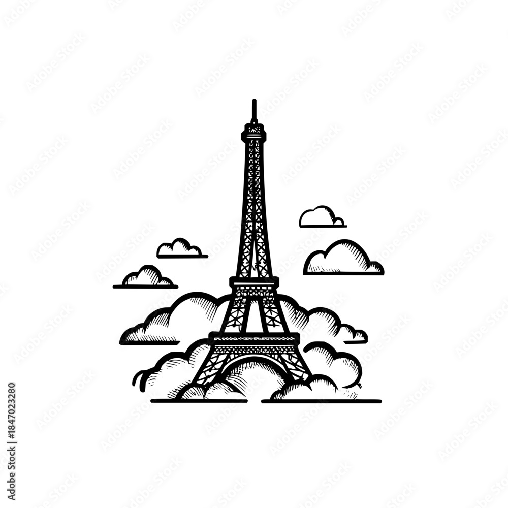 Fototapeta premium Eiffel tower sketch surrounded by clouds in black and white simple line art detailed illustration style