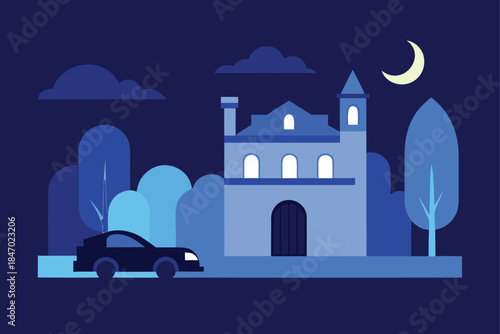 Flat Luxury Lifestyle Vector Car Mansion Moon And Palm
