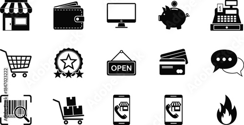 E-commerce, Online Shopping, and Payment Black Icons Set for Retail Business, Financial Transactions, Customer Service, and Digital Sales Platforms
