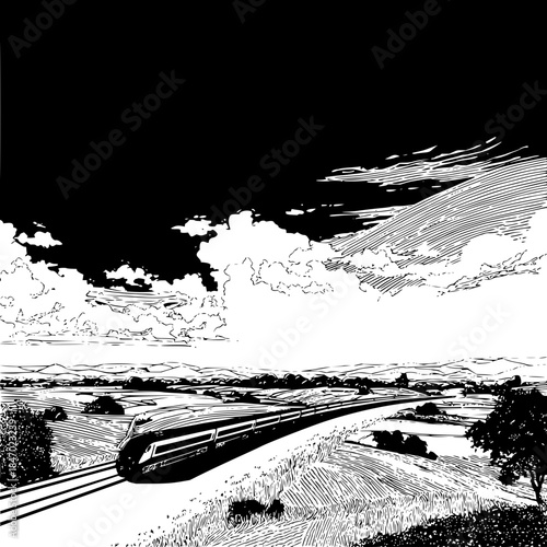 A monochrome landscape featuring a high speed train moving across the countryside under a cloudy sky scene
