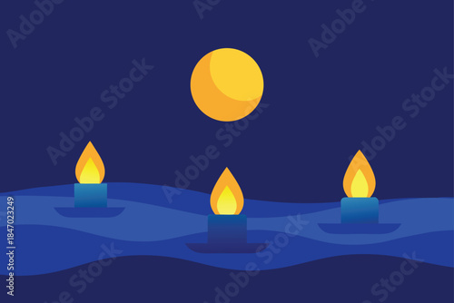 Floating Candles On Ocean Water At Night Glowing Path