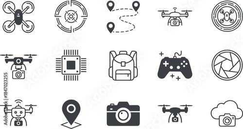 Drone Photography, Aerial Video, and Technology Black Icons Set for Remote Camera Operation, UAV GPS Tracking, and Digital Media Recording