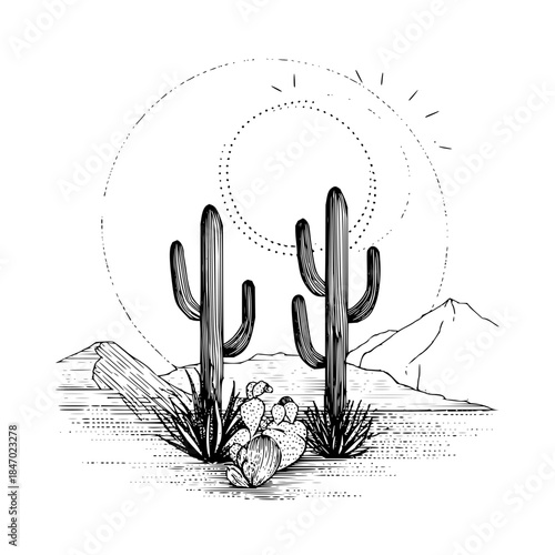 Illustration of desert landscape with cacti, mountains, and a sun with a dotted circular halo