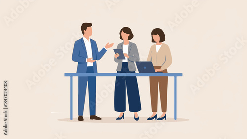 Business professionals collaborating and discussing work around a table