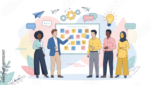 Diverse Business Team Brainstorming Ideas on Whiteboard with Sticky Notes