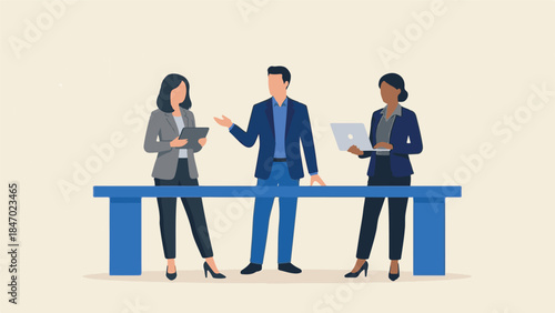 Business professionals discussing and collaborating with digital devices