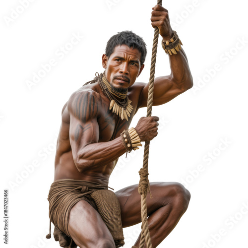 Muscular man climbing rope
