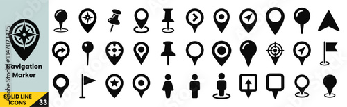 Navigation Marker Solid Icons Set – 33 Location Pin, Map Pointer, GPS, and Direction Vector Symbols