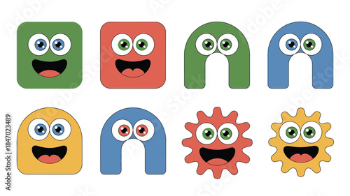 Colorful cartoon faces with big eyes and smiles