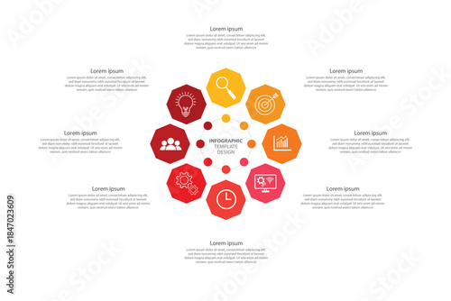 Editable octagonal round business infographic template design with 8 steps  which can be used for presentations banners, workflow layout, annual report, web design.	