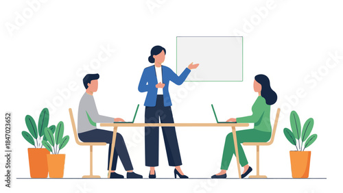 Business professionals in a modern office meeting with a presenter and laptops