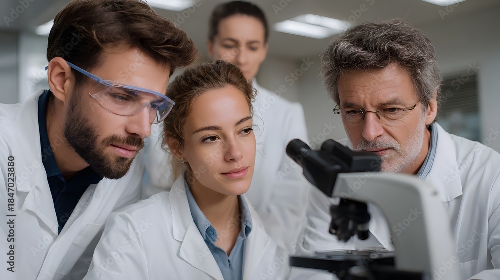 Fototapeta premium Scientists collaborating in a laboratory analyzing samples under a microscope
