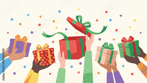 Group of diverse hands holding and opening festive gift boxes