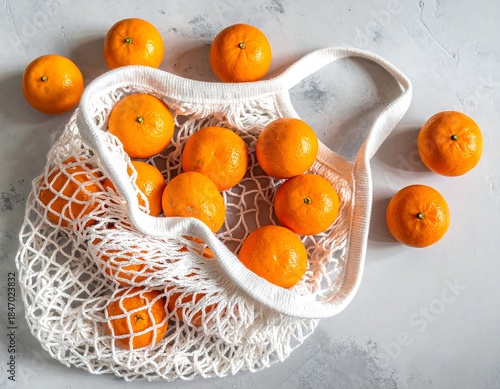 Vibrant Mandarins in Reusable String Bag: Fresh Citrus Fruit for Healthy Eating, Sustainable Groceries & Natural Vitamins