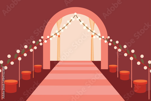 Grand Wedding Aisle with Floral Arches and String Lights