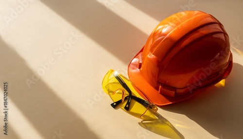 Essential Construction Safety Gear: Orange Hard Hat & Protective Yellow Glasses for Workplace Protection and Industrial Building Projects