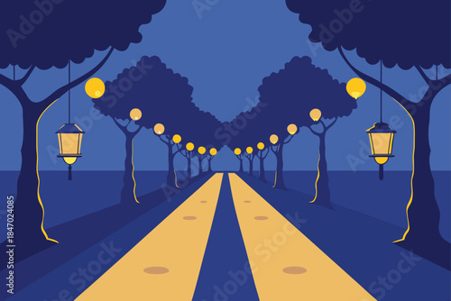 Magical Tree Lined Avenue with Hanging Lights and Soft Glow