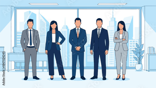 Professional business team standing in a modern office with city view