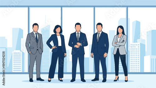 Professional business team standing in a modern office with city view