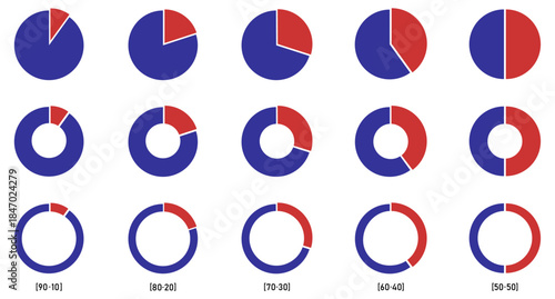 Pie Chart Icon in Two-Segment. Split Ratio Pie Illustration. Donut chart vector for statistics, data visualization, analytics dashboards, reports and infographic UI element. 