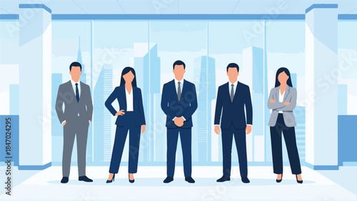 Professional business team standing in a modern office with city view