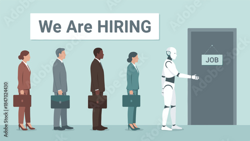 Robot and diverse job seekers queue for employment, symbolizing automation's impact