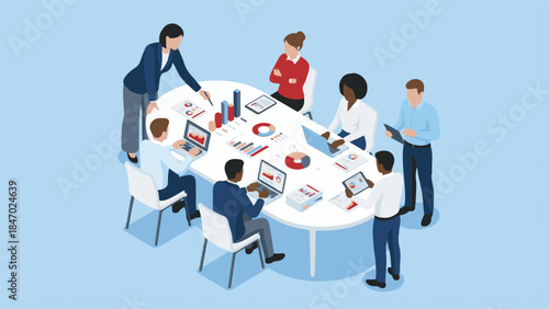 Isometric business team analyzing financial data and charts at a meeting