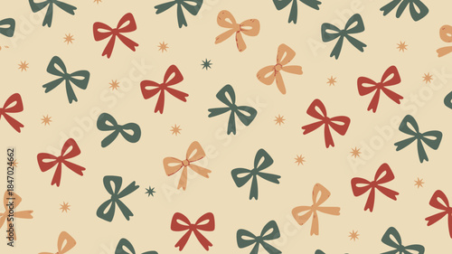 Vibrant colorful bow pattern with star accents on beige