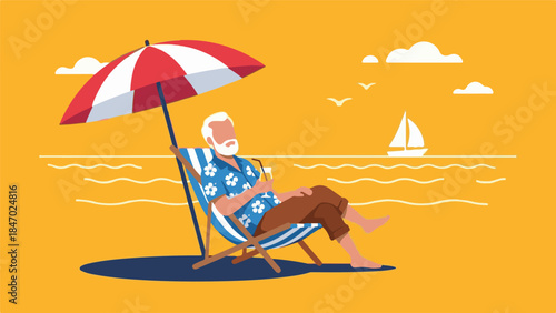 Elderly Man Relaxing on a Beach Chair with Cocktail Under an Umbrella